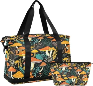 Kigai Mushroom Leaves Gym Bag for Women & Men,Waterproof Weekender Overnight Bag with Shoes Compartment Sports Duffel Bag for Gym Yoga Swimming Camping