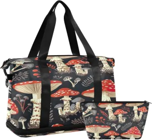 Kigai Mushroom Leaves Gym Bag for Women & Men,Waterproof Weekender Overnight Bag with Shoes Compartment Sports Duffel Bag for Gym Yoga Swimming Camping