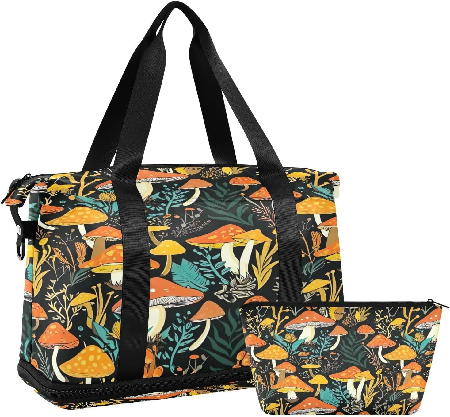 Kigai Mushroom Leaves Gym Bag for Women & Men,Waterproof Weekender Overnight Bag with Shoes Compartment Sports Duffel Bag for Gym Yoga Swimming Camping