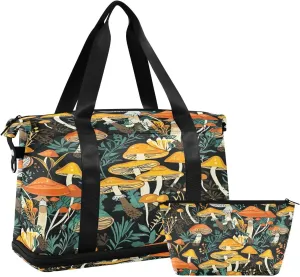 Kigai Mushroom Leaves Gym Bag for Women & Men,Waterproof Weekender Overnight Bag with Shoes Compartment Sports Duffel Bag for Gym Yoga Swimming Camping