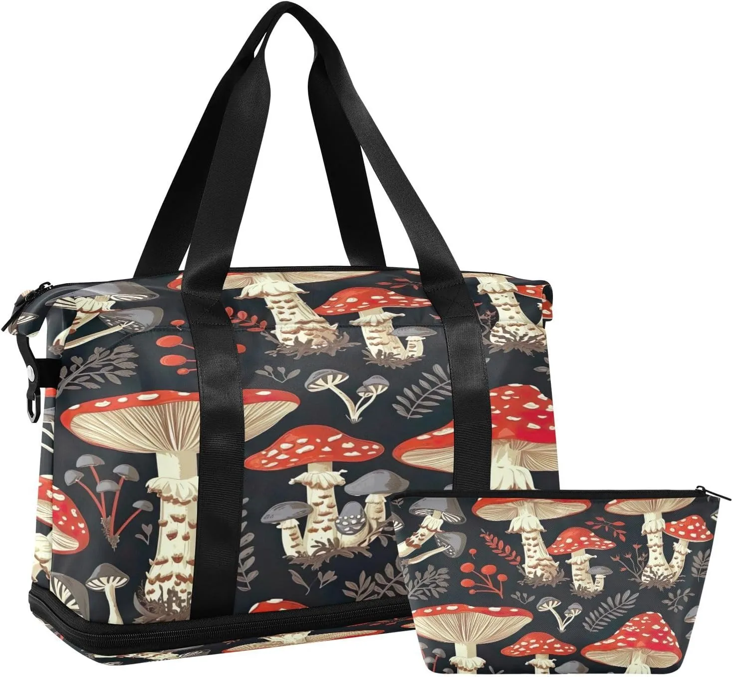 Kigai Mushroom Leaves Gym Bag for Women & Men,Waterproof Weekender Overnight Bag with Shoes Compartment Sports Duffel Bag for Gym Yoga Swimming Camping