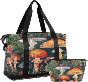 Kigai Mushroom Leaves Gym Bag for Women & Men,Waterproof Weekender Overnight Bag with Shoes Compartment Sports Duffel Bag for Gym Yoga Swimming Camping