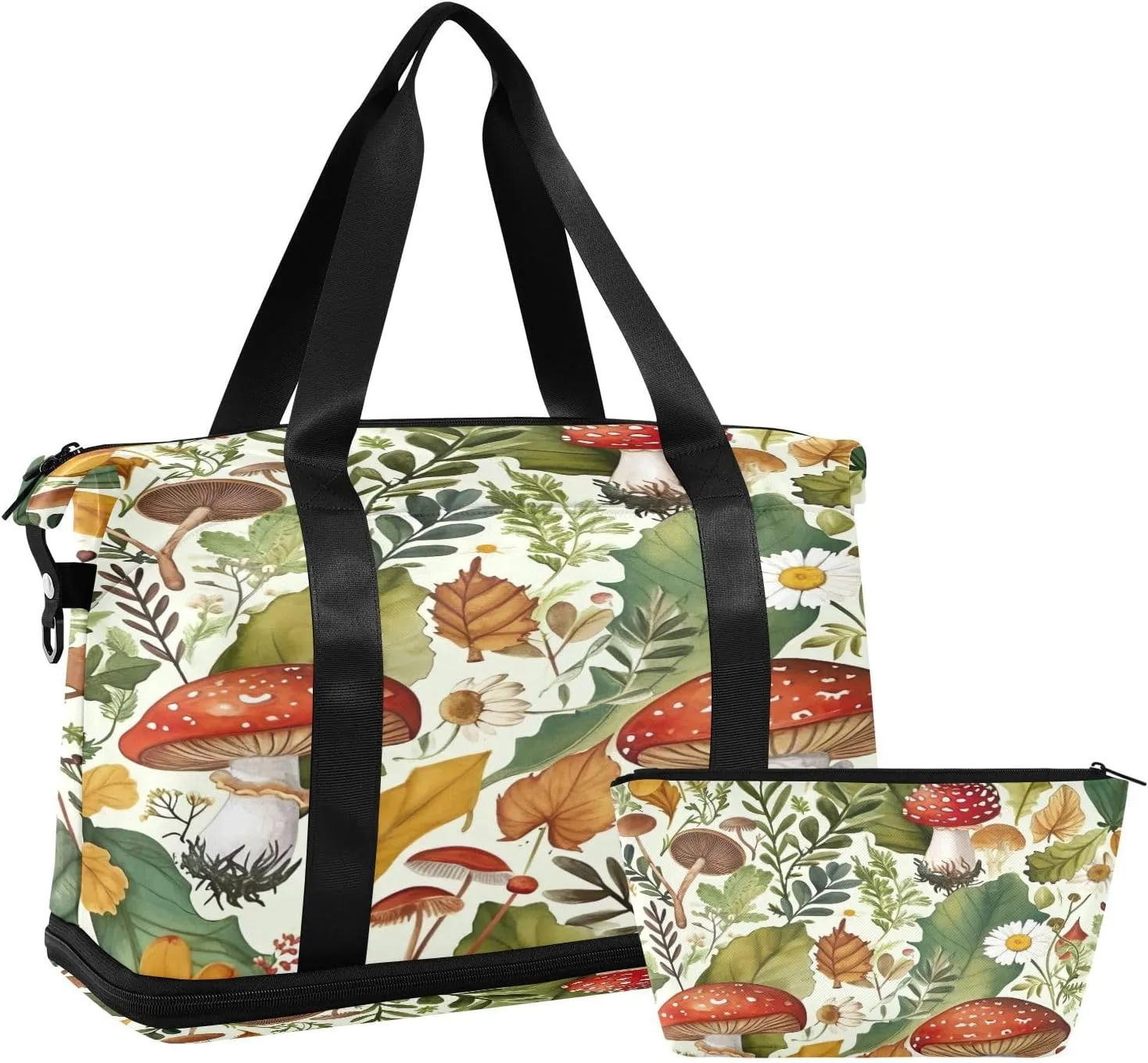 Kigai Mushroom Leaves Gym Bag for Women & Men,Waterproof Weekender Overnight Bag with Shoes Compartment Sports Duffel Bag for Gym Yoga Swimming Camping