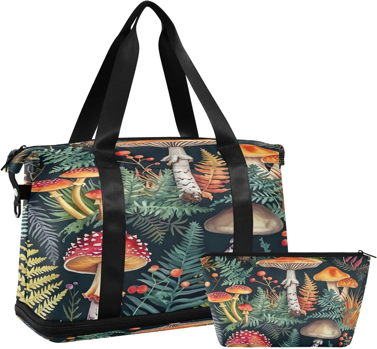 Kigai Mushroom Leaves Gym Bag for Women & Men,Waterproof Weekender Overnight Bag with Shoes Compartment Sports Duffel Bag for Gym Yoga Swimming Camping