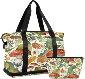 Kigai Mushroom Leaves Gym Bag for Women & Men,Waterproof Weekender Overnight Bag with Shoes Compartment Sports Duffel Bag for Gym Yoga Swimming Camping