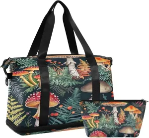 Kigai Mushroom Leaves Gym Bag for Women & Men,Waterproof Weekender Overnight Bag with Shoes Compartment Sports Duffel Bag for Gym Yoga Swimming Camping