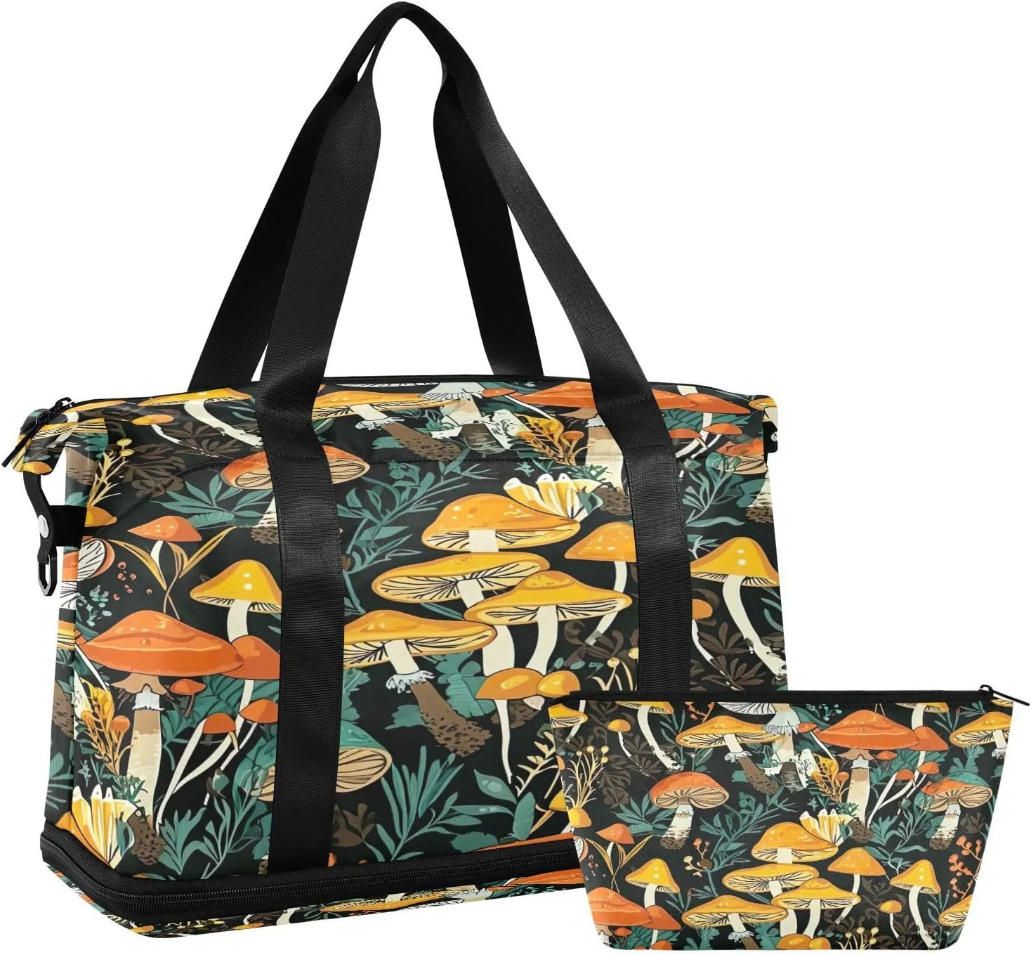 Kigai Mushroom Leaves Gym Bag for Women & Men,Waterproof Weekender Overnight Bag with Shoes Compartment Sports Duffel Bag for Gym Yoga Swimming Camping