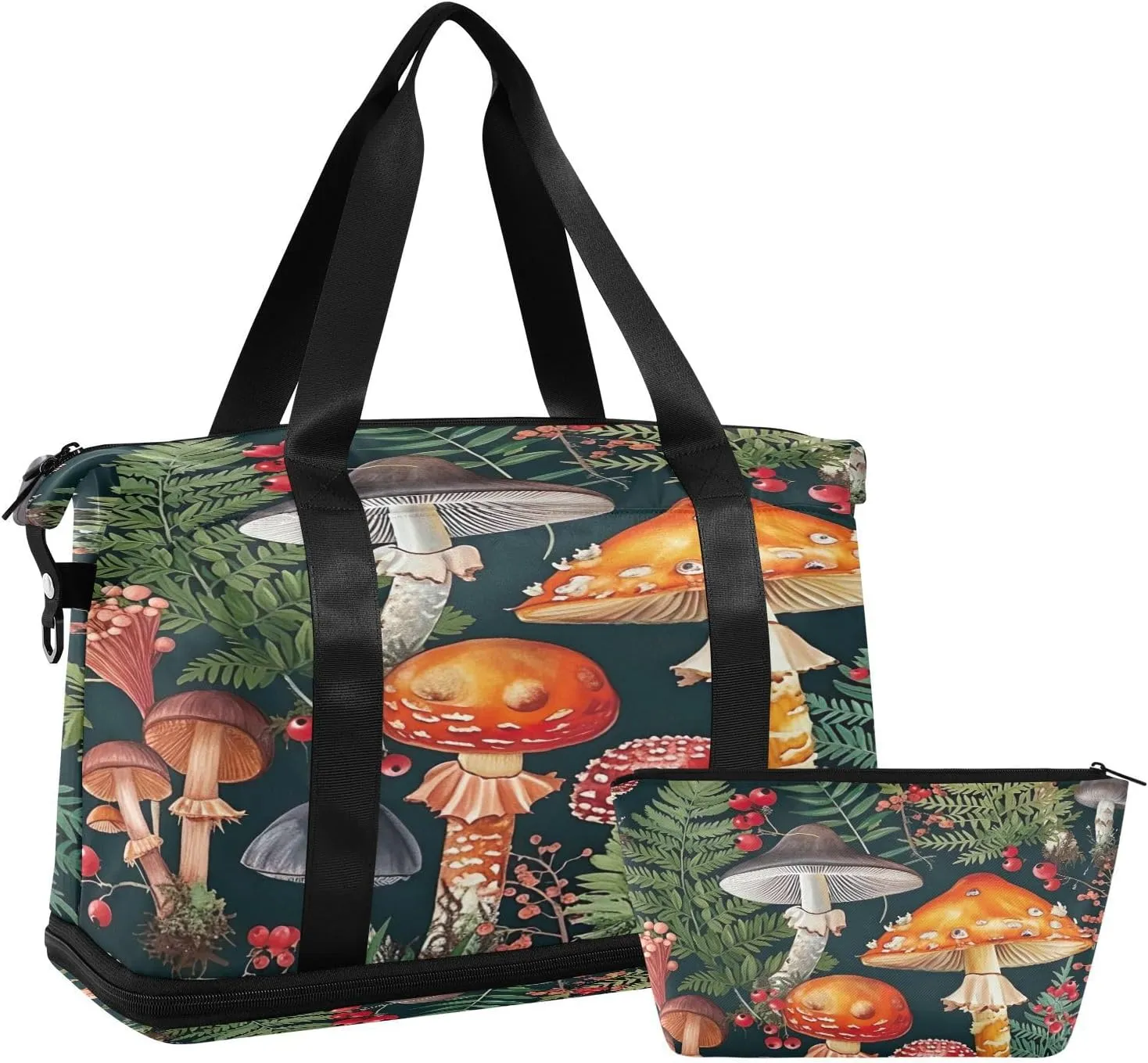 Kigai Mushroom Leaves Gym Bag for Women & Men,Waterproof Weekender Overnight Bag with Shoes Compartment Sports Duffel Bag for Gym Yoga Swimming Camping