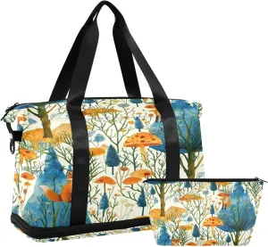 Kigai Mushroom Tree Gym Bag for Women & Men,Waterproof Weekender Overnight Bag with Shoes Compartment Sports Duffel Bag for Gym Yoga Swimming Camping