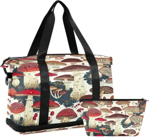 Kigai Mushrooms Gym Bag for Women & Men,Waterproof Weekender Overnight Bag with Shoes Compartment Sports Duffel Bag for Gym Yoga Swimming Camping