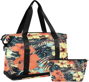 Kigai Palm Flowers Gym Bag for Women & Men,Waterproof Weekender Overnight Bag with Shoes Compartment Sports Duffel Bag for Gym Yoga Swimming Camping