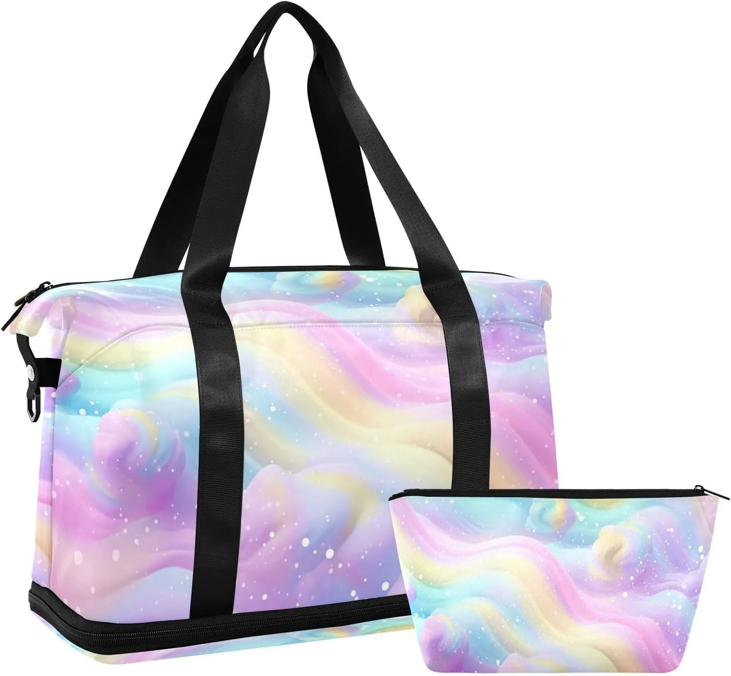 Kigai Rainbow Cloud Gym Bag for Women & Men,Waterproof Weekender Overnight Bag with Shoes Compartment Sports Duffel Bag for Gym Yoga Swimming Camping