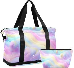 Kigai Rainbow Cloud Gym Bag for Women & Men,Waterproof Weekender Overnight Bag with Shoes Compartment Sports Duffel Bag for Gym Yoga Swimming Camping