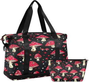 Kigai Red Mushroom Gym Bag for Women & Men,Waterproof Weekender Overnight Bag with Shoes Compartment Sports Duffel Bag for Gym Yoga Swimming Camping