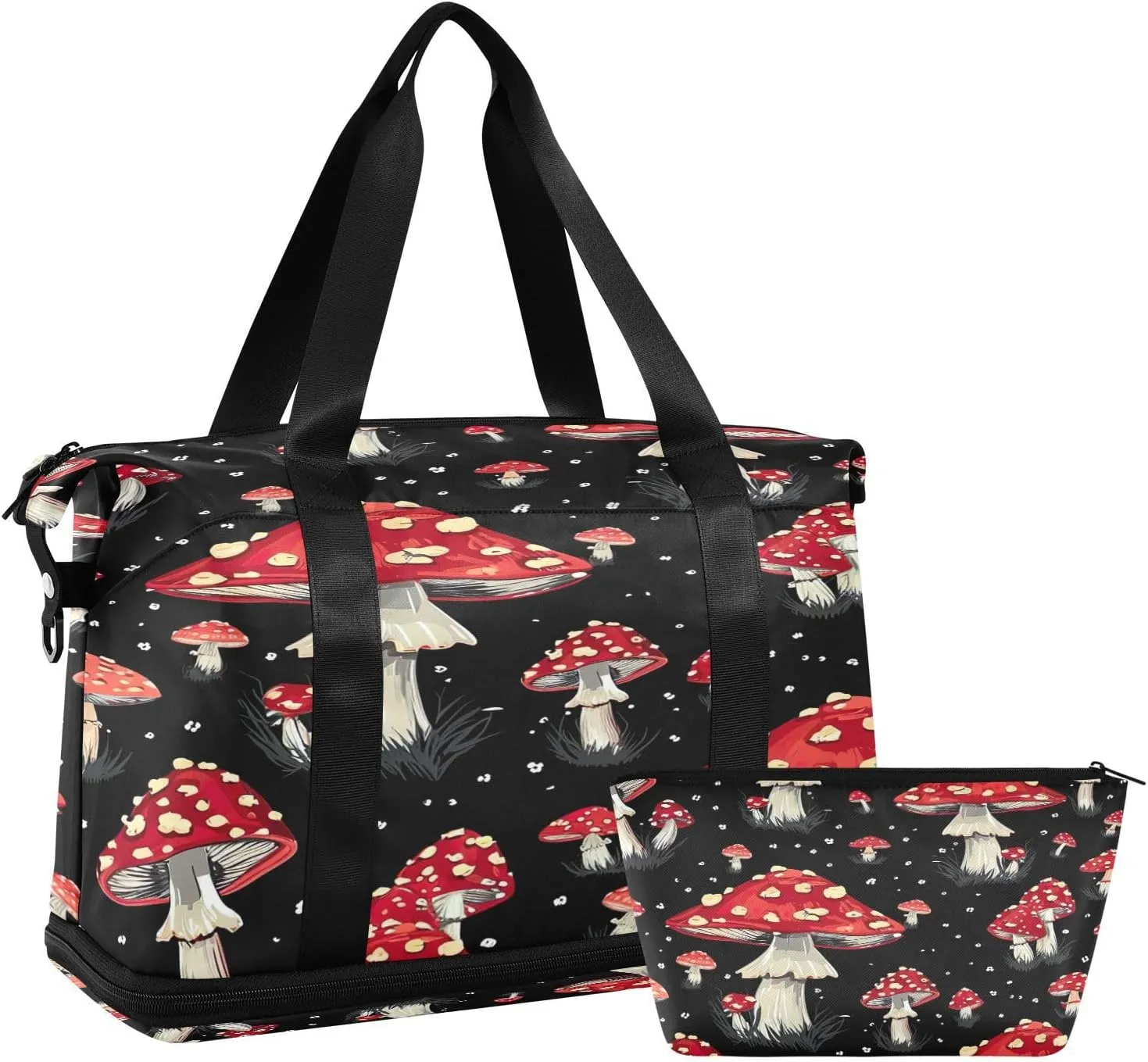 Kigai Red Mushroom Gym Bag for Women & Men,Waterproof Weekender Overnight Bag with Shoes Compartment Sports Duffel Bag for Gym Yoga Swimming Camping