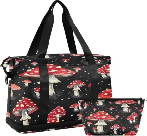 Kigai Red Mushroom Gym Bag for Women & Men,Waterproof Weekender Overnight Bag with Shoes Compartment Sports Duffel Bag for Gym Yoga Swimming Camping