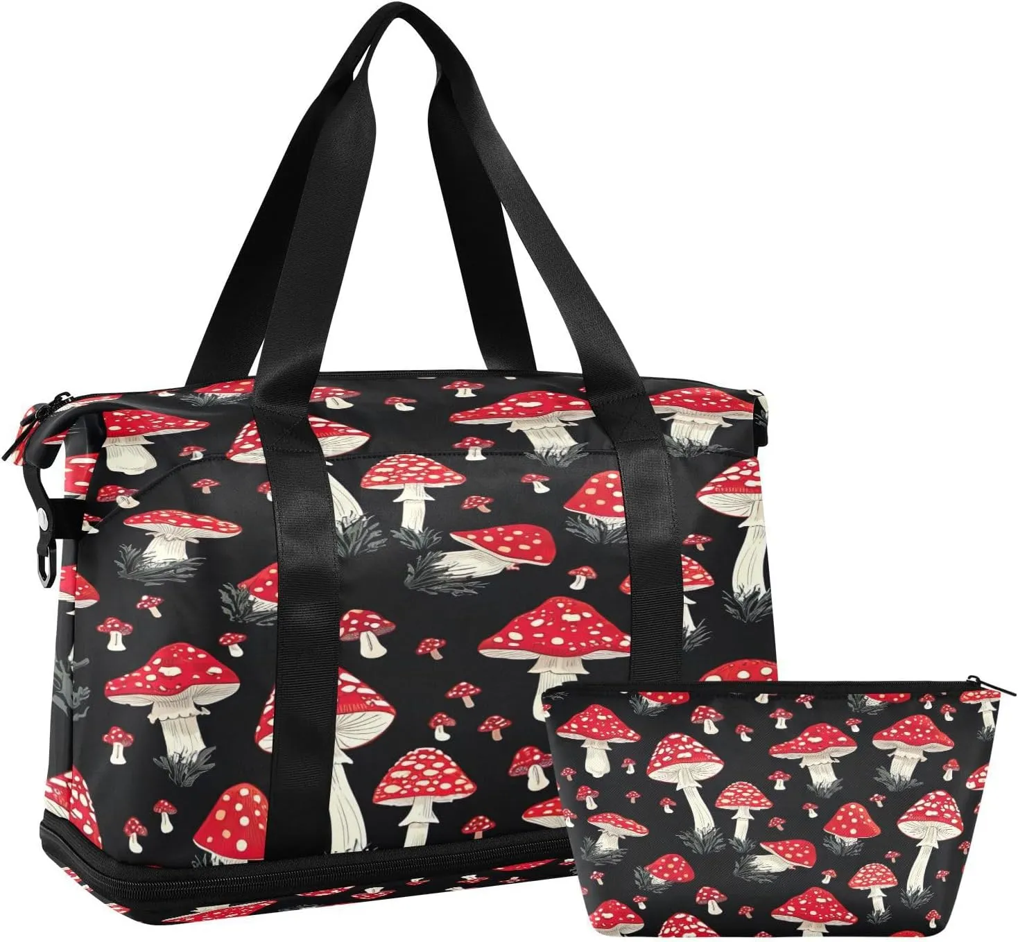 Kigai Red Mushroom Gym Bag for Women & Men,Waterproof Weekender Overnight Bag with Shoes Compartment Sports Duffel Bag for Gym Yoga Swimming Camping