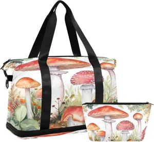 Kigai Retro Mushroom Gym Bag for Women & Men,Waterproof Weekender Overnight Bag with Shoes Compartment Sports Duffel Bag for Gym Yoga Swimming Camping