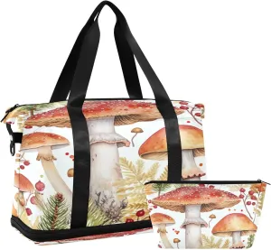 Kigai Retro Mushroom Gym Bag for Women & Men,Waterproof Weekender Overnight Bag with Shoes Compartment Sports Duffel Bag for Gym Yoga Swimming Camping