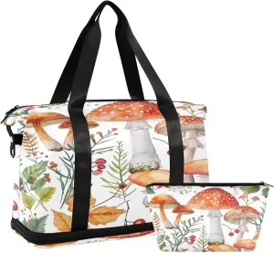 Kigai Retro Mushroom Gym Bag for Women & Men,Waterproof Weekender Overnight Bag with Shoes Compartment Sports Duffel Bag for Gym Yoga Swimming Camping