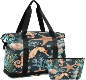 Kigai Seahorse Gym Bag for Women & Men,Waterproof Weekender Overnight Bag with Shoes Compartment Sports Duffel Bag for Gym Yoga Swimming Camping