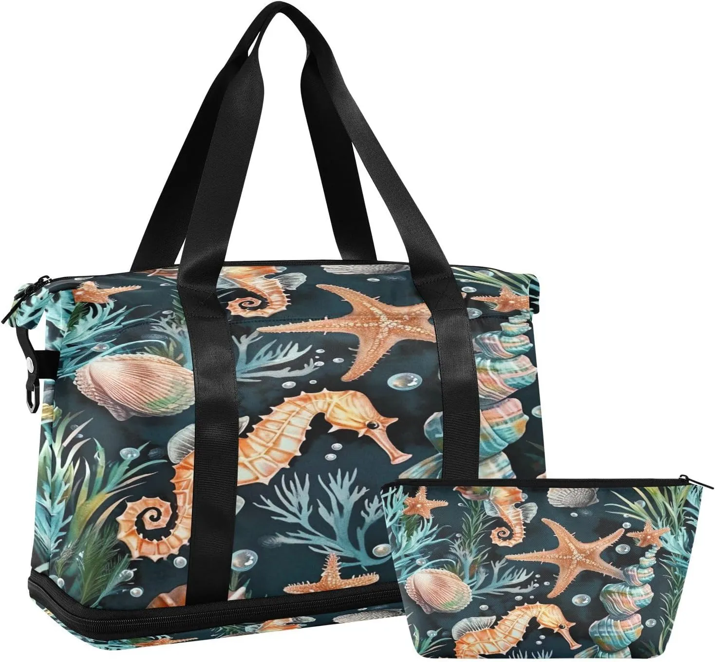 Kigai Seahorse Gym Bag for Women & Men,Waterproof Weekender Overnight Bag with Shoes Compartment Sports Duffel Bag for Gym Yoga Swimming Camping