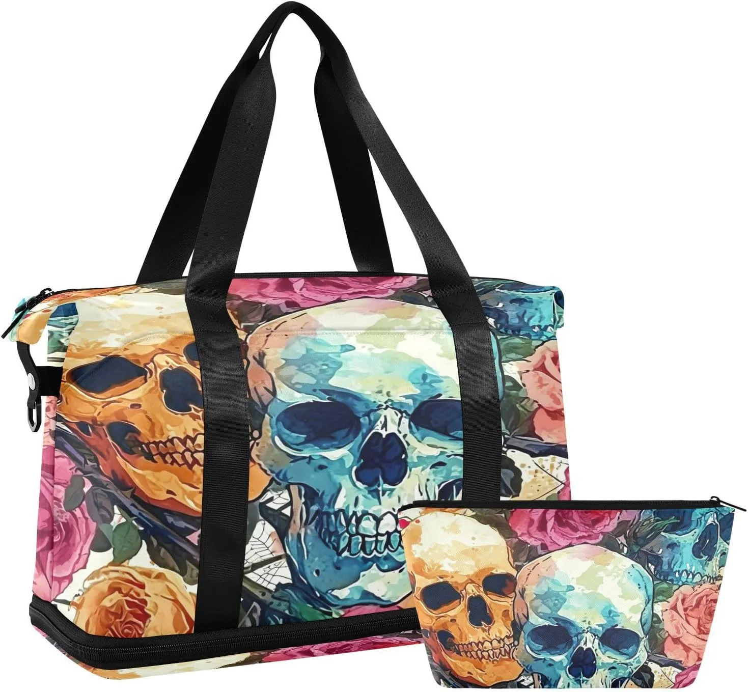 Kigai Skull Flowers Gym Bag for Women & Men,Waterproof Weekender Overnight Bag with Shoes Compartment Sports Duffel Bag for Gym Yoga Swimming Camping