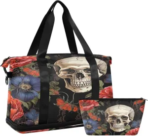 Kigai Skull Gym Bag for Women & Men,Waterproof Weekender Overnight Bag with Shoes Compartment Sports Duffel Bag for Gym Yoga Swimming Camping