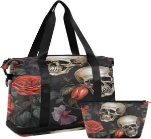Kigai Skull Gym Bag for Women & Men,Waterproof Weekender Overnight Bag with Shoes Compartment Sports Duffel Bag for Gym Yoga Swimming Camping