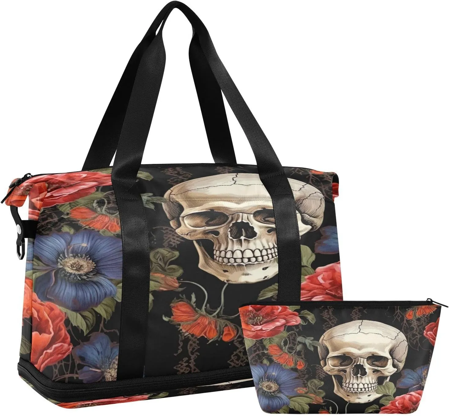 Kigai Skull Gym Bag for Women & Men,Waterproof Weekender Overnight Bag with Shoes Compartment Sports Duffel Bag for Gym Yoga Swimming Camping