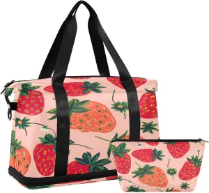 Kigai Strawberry Gym Bag for Women & Men,Waterproof Weekender Overnight Bag with Shoes Compartment Sports Duffel Bag for Gym Yoga Swimming Camping