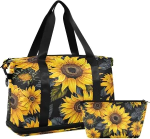 Kigai Sunflowers Gym Bag for Women & Men,Waterproof Weekender Overnight Bag with Shoes Compartment Sports Duffel Bag for Gym Yoga Swimming Camping