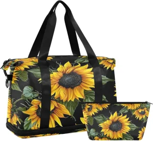 Kigai Sunflowers Gym Bag for Women & Men,Waterproof Weekender Overnight Bag with Shoes Compartment Sports Duffel Bag for Gym Yoga Swimming Camping