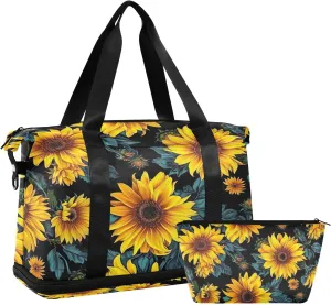 Kigai Sunflowers Gym Bag for Women & Men,Waterproof Weekender Overnight Bag with Shoes Compartment Sports Duffel Bag for Gym Yoga Swimming Camping