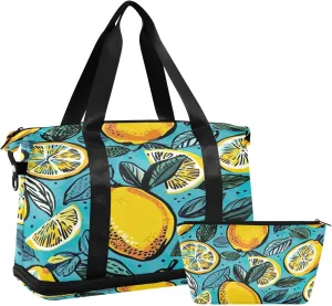 Kigai Vintage Lemon Gym Bag for Women & Men,Waterproof Weekender Overnight Bag with Shoes Compartment Sports Duffel Bag for Gym Yoga Swimming Camping