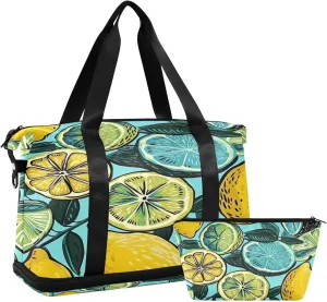 Kigai Vintage Lemon Gym Bag for Women & Men,Waterproof Weekender Overnight Bag with Shoes Compartment Sports Duffel Bag for Gym Yoga Swimming Camping