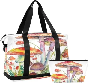 Kigai Vintage Mushrooms Gym Bag for Women & Men,Waterproof Weekender Overnight Bag with Shoes Compartment Sports Duffel Bag for Gym Yoga Swimming Camping