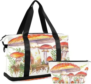 Kigai Vintage Mushrooms Gym Bag for Women & Men,Waterproof Weekender Overnight Bag with Shoes Compartment Sports Duffel Bag for Gym Yoga Swimming Camping