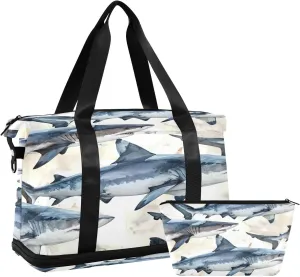 Kigai Vintage Sharks Gym Bag for Women & Men,Waterproof Weekender Overnight Bag with Shoes Compartment Sports Duffel Bag for Gym Yoga Swimming Camping