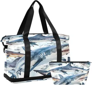 Kigai Vintage Sharks Gym Bag for Women & Men,Waterproof Weekender Overnight Bag with Shoes Compartment Sports Duffel Bag for Gym Yoga Swimming Camping