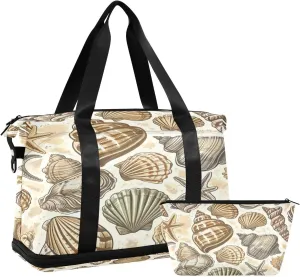 Kigai Vintage Shells Gym Bag for Women & Men,Waterproof Weekender Overnight Bag with Shoes Compartment Sports Duffel Bag for Gym Yoga Swimming Camping