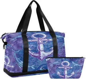 Kigai Whale Anchor Gym Bag for Women & Men,Waterproof Weekender Overnight Bag with Shoes Compartment Sports Duffel Bag for Gym Yoga Swimming Camping