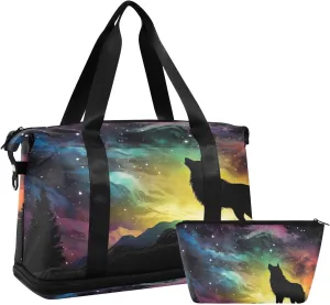 Kigai Wolf Gym Bag for Women & Men,Waterproof Weekender Overnight Bag with Shoes Compartment Sports Duffel Bag for Gym Yoga Swimming Camping
