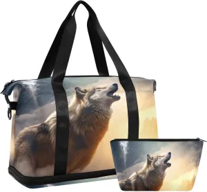Kigai Wolf Gym Bag for Women & Men,Waterproof Weekender Overnight Bag with Shoes Compartment Sports Duffel Bag for Gym Yoga Swimming Camping