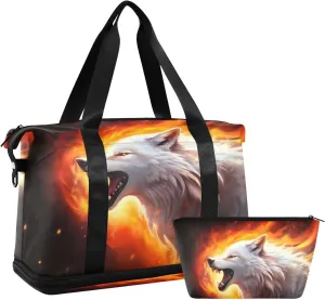 Kigai Wolf Gym Bag for Women & Men,Waterproof Weekender Overnight Bag with Shoes Compartment Sports Duffel Bag for Gym Yoga Swimming Camping