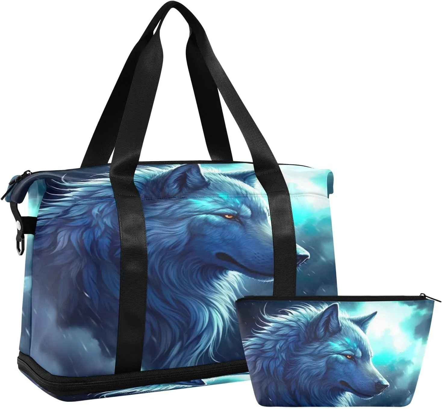 Kigai Wolf Gym Bag for Women & Men,Waterproof Weekender Overnight Bag with Shoes Compartment Sports Duffel Bag for Gym Yoga Swimming Camping