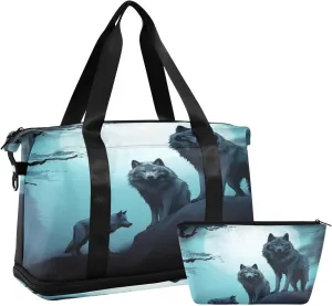 Kigai Wolf Gym Bag for Women & Men,Waterproof Weekender Overnight Bag with Shoes Compartment Sports Duffel Bag for Gym Yoga Swimming Camping
