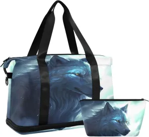 Kigai Wolf Gym Bag for Women & Men,Waterproof Weekender Overnight Bag with Shoes Compartment Sports Duffel Bag for Gym Yoga Swimming Camping