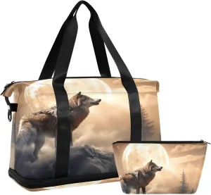 Kigai Wolf Gym Bag for Women & Men,Waterproof Weekender Overnight Bag with Shoes Compartment Sports Duffel Bag for Gym Yoga Swimming Camping
