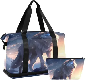 Kigai Wolf Gym Bag for Women & Men,Waterproof Weekender Overnight Bag with Shoes Compartment Sports Duffel Bag for Gym Yoga Swimming Camping